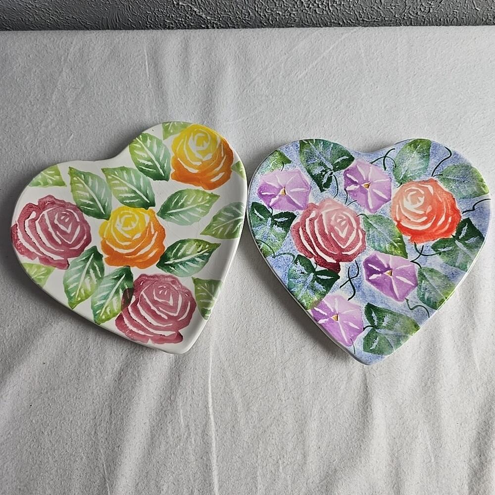 Ancora Heart Trinket Dish Plate Handpainted Pink Purple Yellow‎ Roses Petunias
